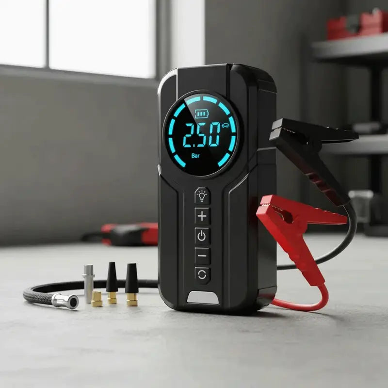 Arrancador de Batería y Compresor de Aire Portátil 4 en 1 con Power Bank y Linterna LED – 150 PSI