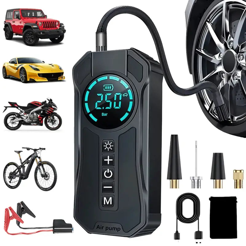 Arrancador de Batería y Compresor de Aire Portátil 4 en 1 con Power Bank y Linterna LED – 150 PSI