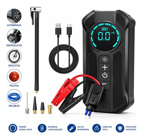 Arrancador de Batería y Compresor de Aire Portátil 4 en 1 con Power Bank y Linterna LED – 150 PSI