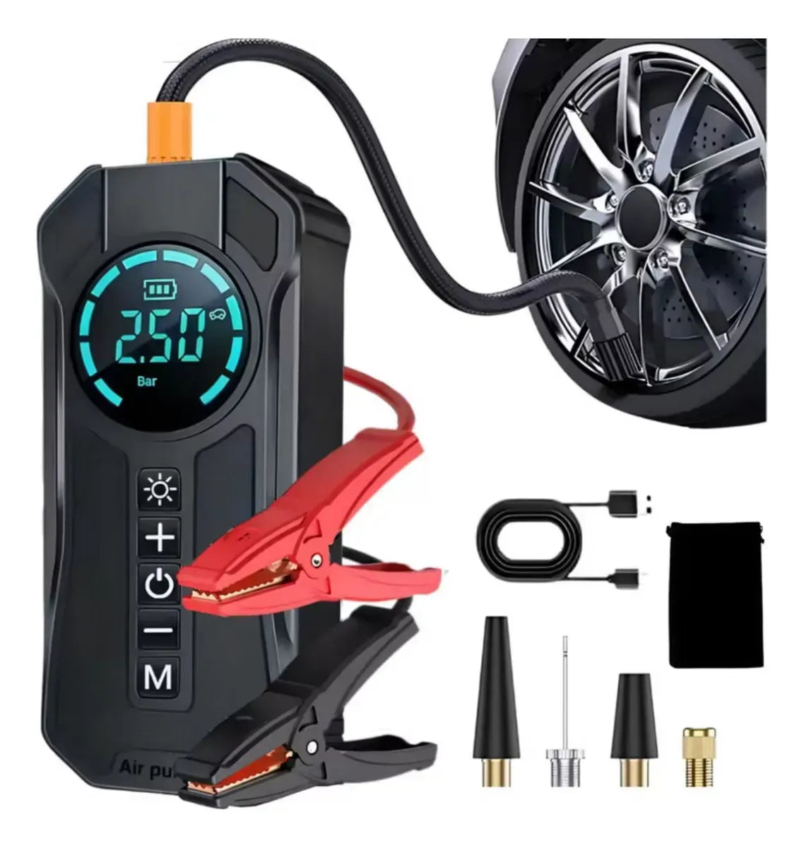 Arrancador de Batería y Compresor de Aire Portátil 4 en 1 con Power Bank y Linterna LED – 150 PSI