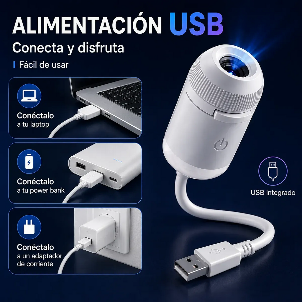 Mini proyector galáctico USB 360° proyectando estrellas en el techo de una habitación