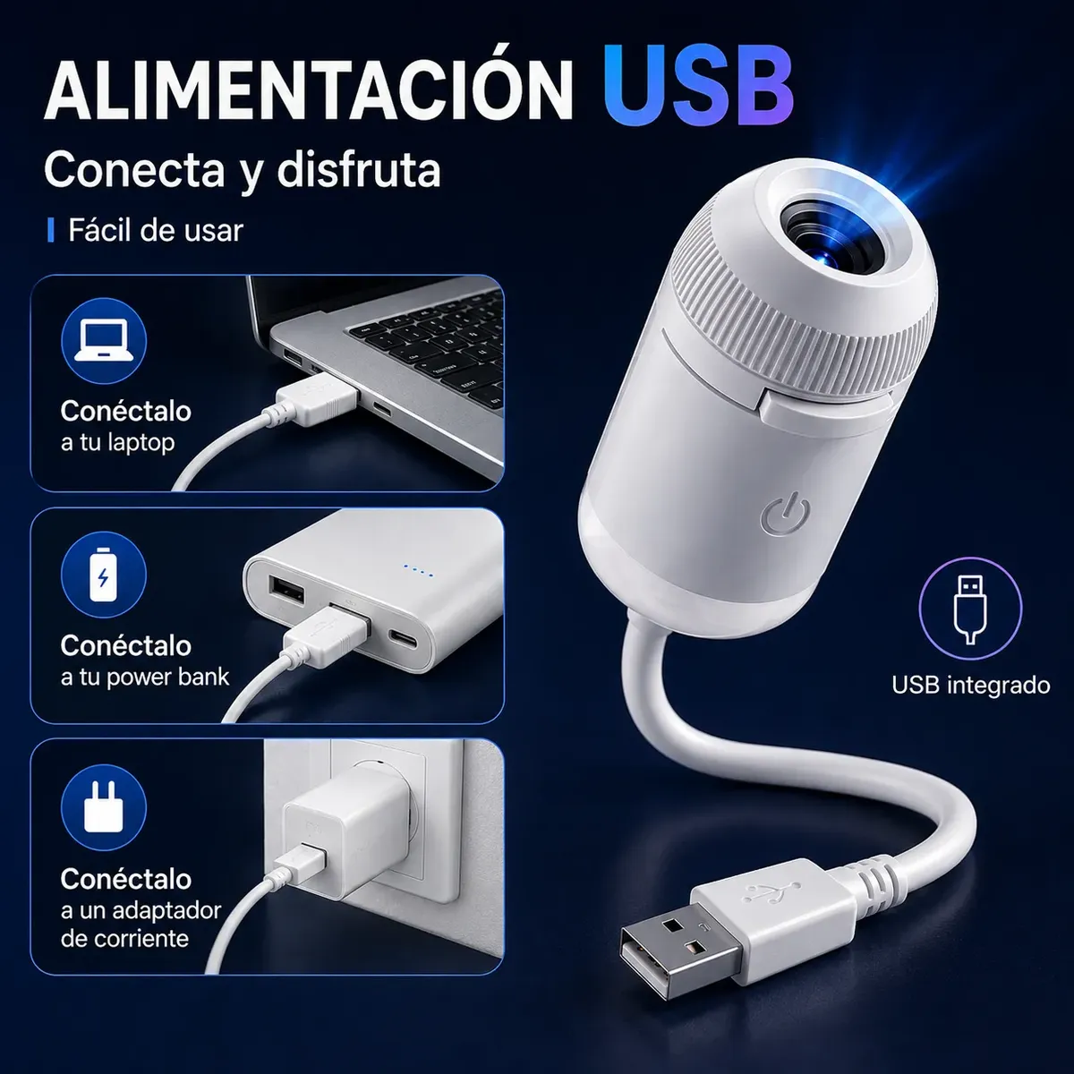 Mini proyector galáctico USB 360° proyectando estrellas en el techo de una habitación