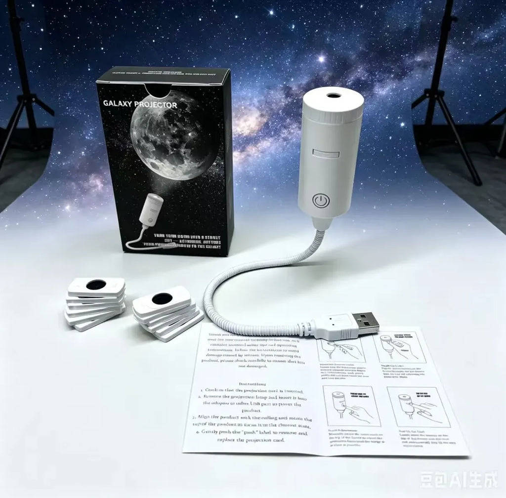 Proyector USB conectado en el interior de un auto creando ambiente estrellado