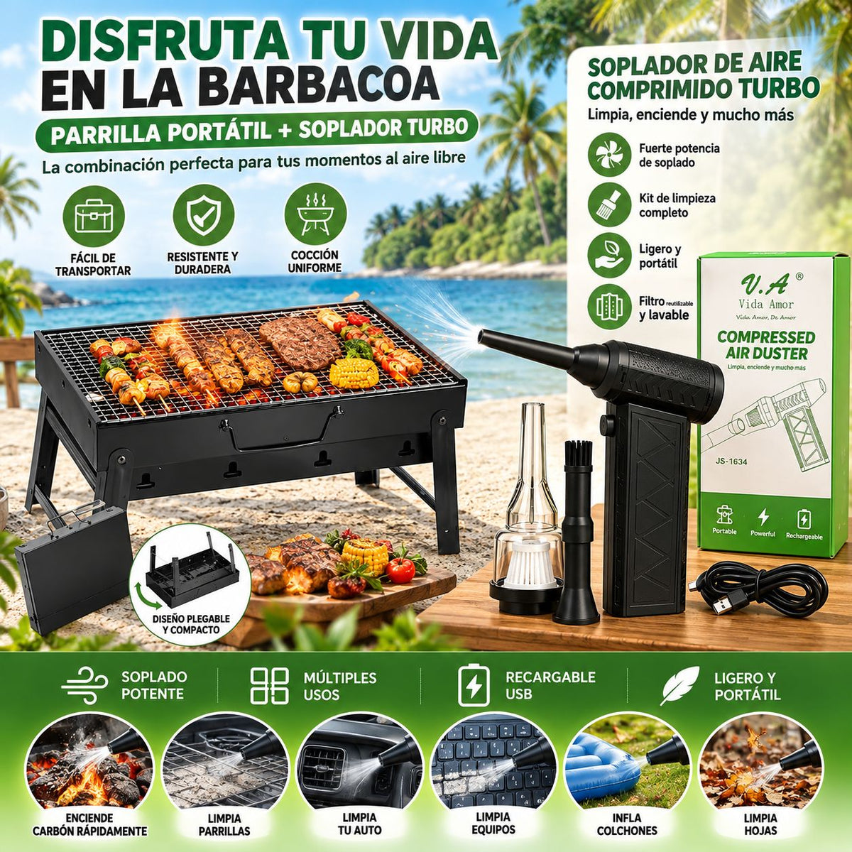 Pack parrilla BBQ con soplador turbo USB