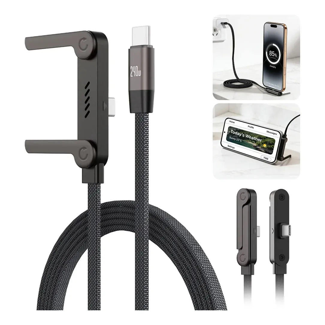 Cable USB Tipo-C carga rápida 240W 2en1 con soporte plegable - detalle del conector